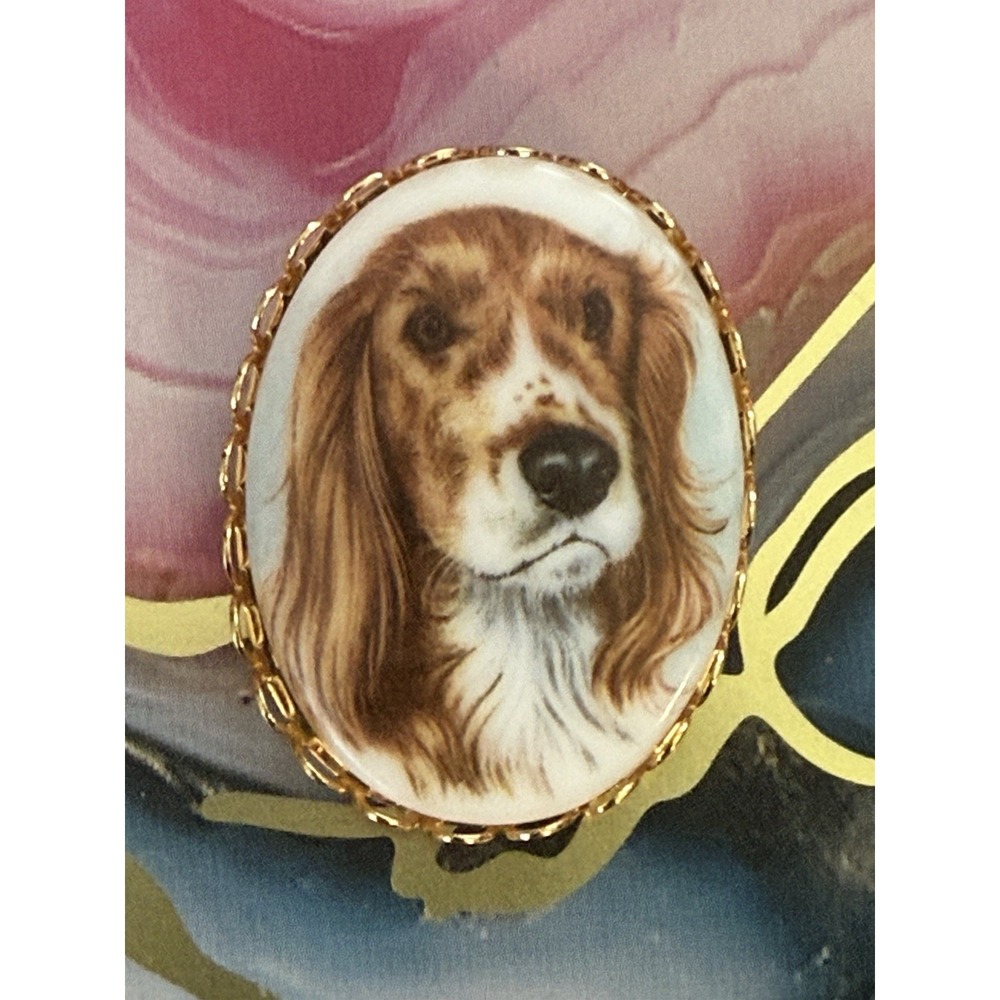 Vintage China or Porcelain Transfer Oval Pin Brooch Spaniel Hound Beagle NWOT‎ - Picture 2 of 15